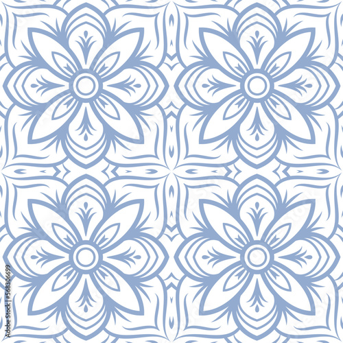 Seamless pattern with mandala, blue lines on a white background. ethnic oriental style. Vector illustration.
