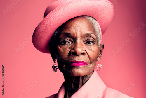 An older black woman with pink makeup a pink shirt and a pink hat - Generative AI