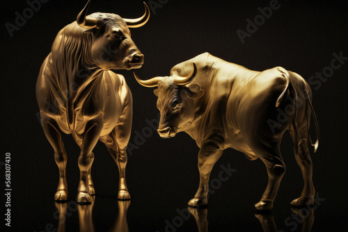 Golden bear and bull on a dark background. Generative AI