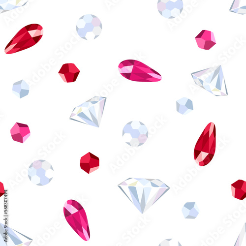 Gems seamless pattern. Vector illustration of rubies and diamonds in cartoon flat style. Background with jewels.
