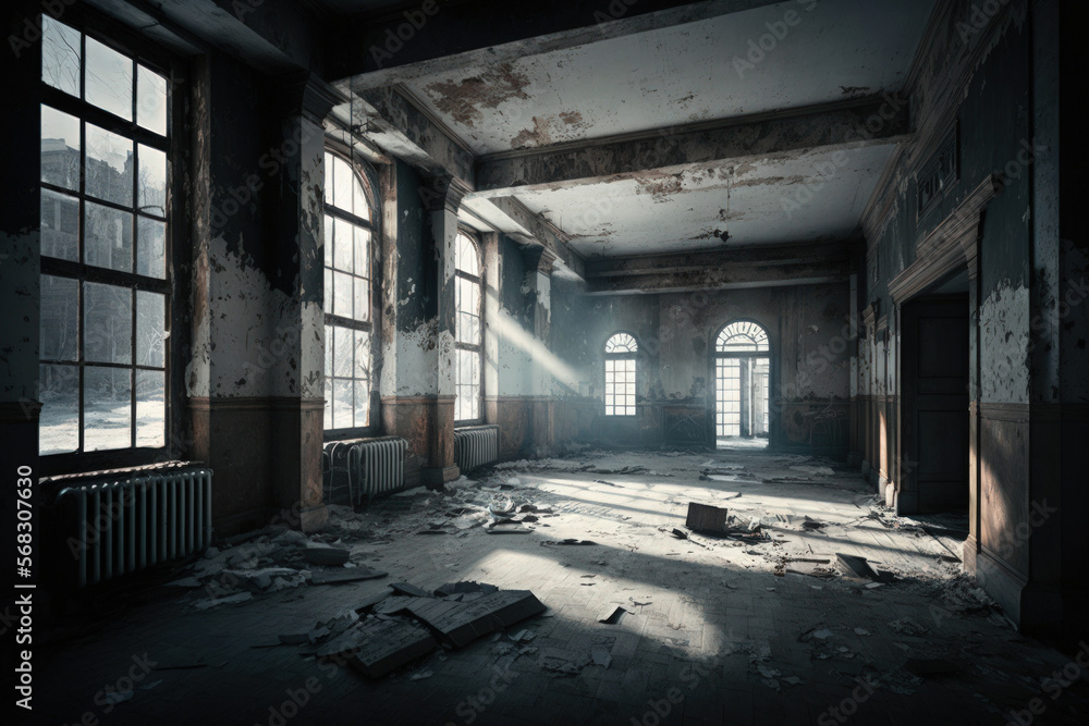 An interior view of the building's deteriorated architecture in the wintertime shows a depressing ambiance. Generative AI