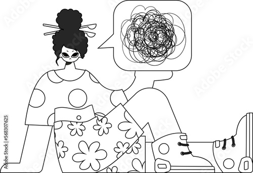 Irritated woman demonstrates confused thoughts. Theme of psychology. Linear black and white style.