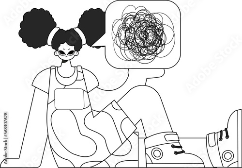 Irritated woman demonstrates confused thoughts. Theme of psychology. Newspaper black and white style.