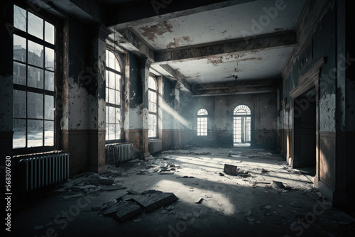 An interior view of the building's deteriorated architecture in the wintertime shows a depressing ambiance. Generative AI