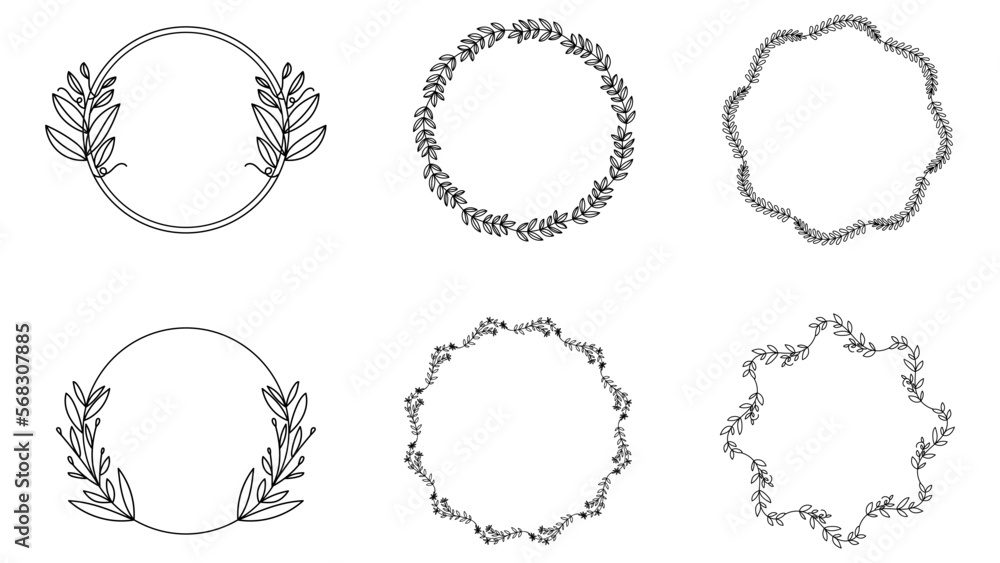 Set  floral frames, borders, wreaths Trendy Line drawing, line art style  ,Hand drawn design elements , Flat Modern design isolated on white background ,Vector illustration EPS 10
