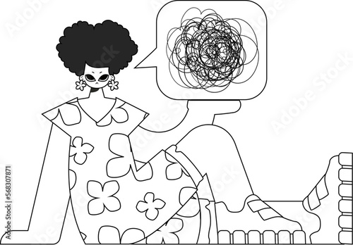 Distressed woman demonstrates confused thoughts. Theme of psychology. Linear newspaper black and white style.