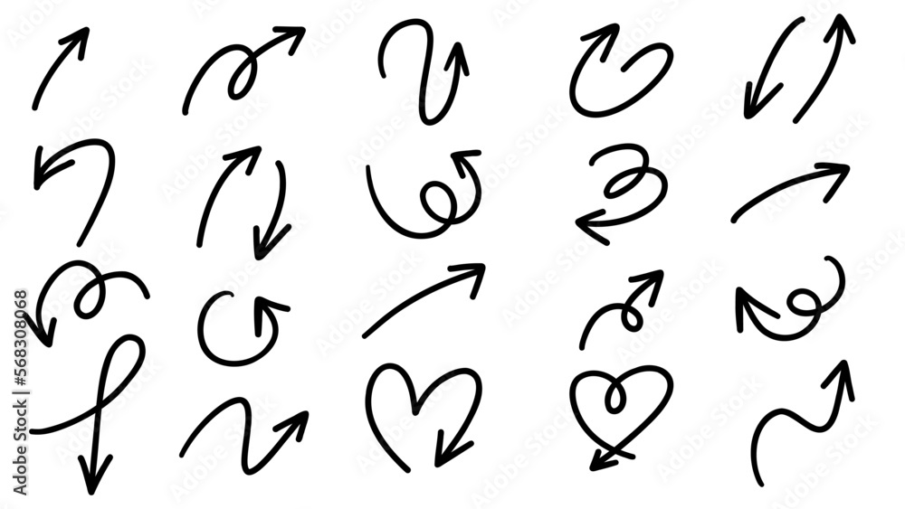 Arrows pointing in different directions handwritten calligraphy set ,Hand drawn design elements , Flat Modern design isolated on white background ,Vector illustration EPS 10 Arrows pointing in different directions handwritten calligraphy set ,Hand drawn design elements , Flat Modern design isolated on white background ,Vector illustration EPS 10