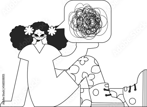 Anxious woman demonstrates confused thoughts. Theme of psychology. Linear black and white style.