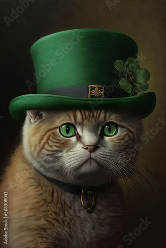 cat in green hat at St. Patrick s Day celebration. Generative AI