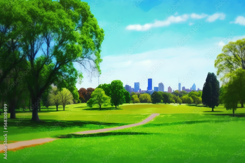 Background texture of a sizable public local park with lush, healthy grass, some trees, and distant residences. Melbourne, Australia (VIC). Generative AI