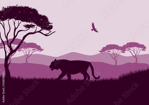 Silhouette of a lion landscape in the African savannah. Vector illustration