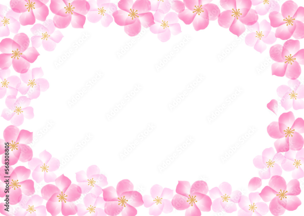 水彩の桜の花の華やかなフレーム　横