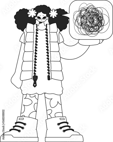 Anxious woman demonstrates confused thoughts. Theme of psychology. Newspaper black and white style.