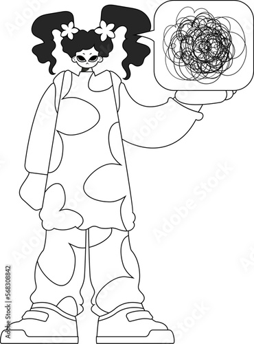 Anxious woman demonstrates confused thoughts. Theme of psychology. Linear newspaper black and white style.