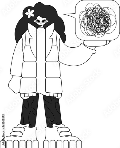 Worried woman demonstrates confused thoughts. Theme of psychology. Linear black and white style.