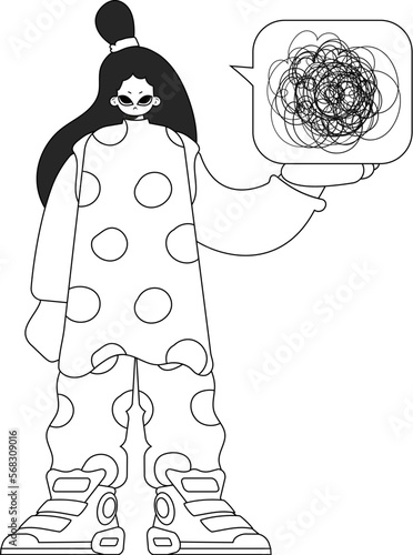 Excited woman demonstrates confused thoughts. Theme of psychology. Linear black and white style.