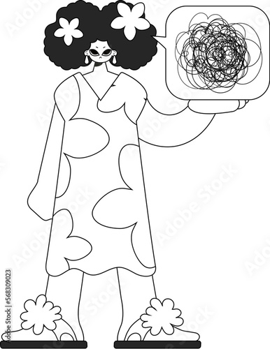 Excited woman demonstrates confused thoughts. Theme of psychology. Newspaper black and white style.
