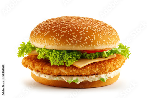 Chicken Burger Isolated on White Background - Post-processed Generative AI