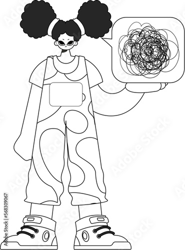 Excited woman demonstrates confused thoughts. Theme of psychology. Linear newspaper black and white style.