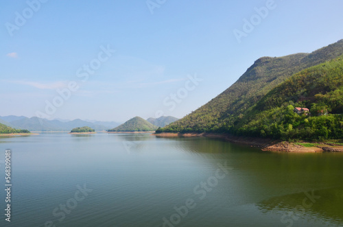 View landscape island lake river and mountain forest jungle for thai people and foreign travelers travel visit and camping rest relax at Kaeng Krachan Dam and National Park in Phetchaburi, Thailand