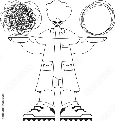 Skilled male doctor demonstrates confused thoughts. Theme of psychology. Linear black and white style.