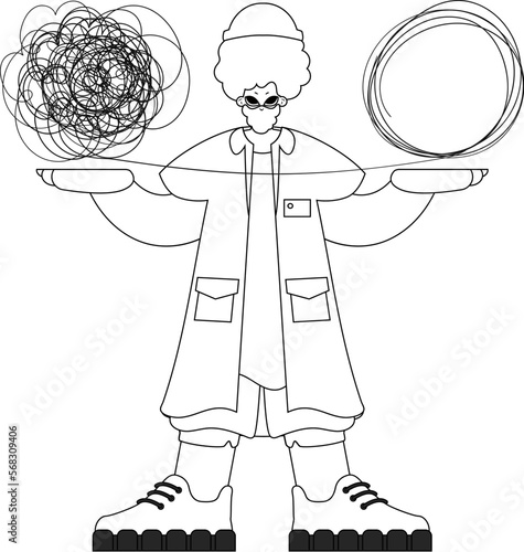 Competent male doctor demonstrates confused thoughts. Theme of psychology. Linear black and white style.