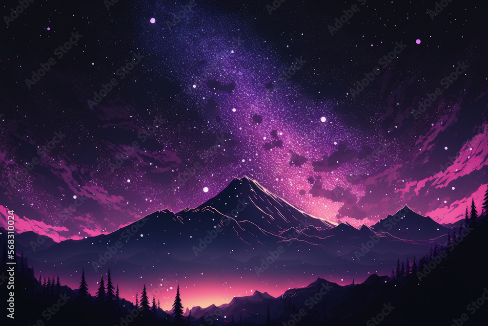 Milky Way stars in the night sky, a purple sky, and mountains. Generative AI