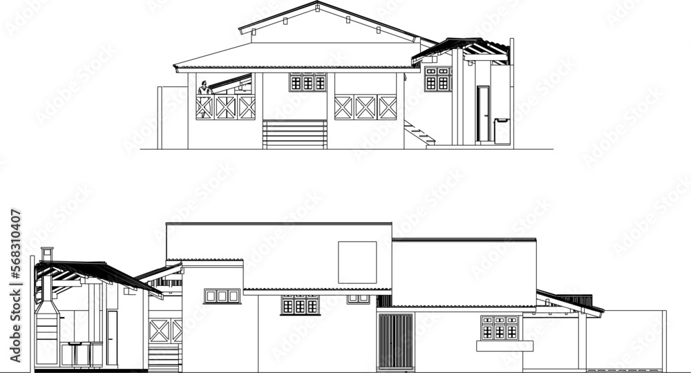 Vector sketch of traditional small wooden house illustration