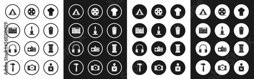 Set Chef hat, Shovel in the ground, Music synthesizer, Tourist tent, Popcorn cardboard box, Film reel, Sewing thread on spool and Headphones icon. Vector