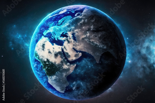 Earth in the space. Blue planet for wallpaper. Green planet or Globe on galaxy. Elements of this image furnished by NASA. Generative AI