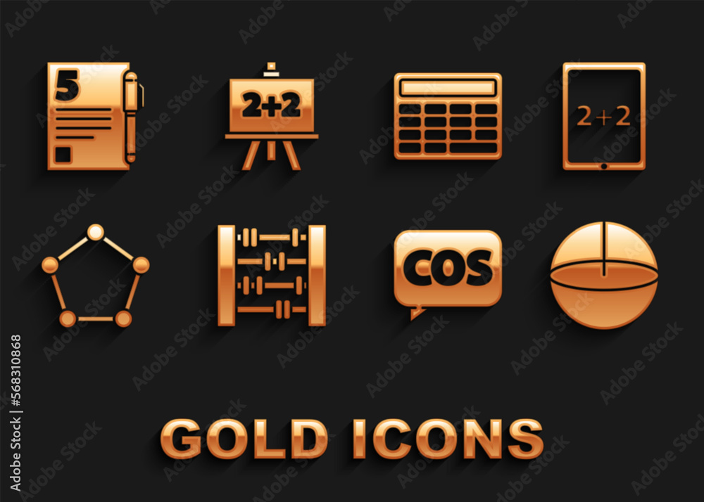 Set Abacus, Tablet with calculator, Geometric figure Sphere, Mathematics function cosine, Pentagonal prism, Calculator, Test exam sheet and pen and Chalkboard icon. Vector
