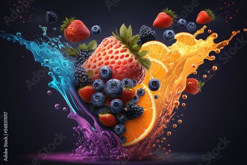 Blackberry, blueberry, cherry, pineapple, strawberry, fresh ripe orange juice, and splashes of strawberry, blueberry, blackberry, pineapple, and cherry. Orange berry juice with forest fruits in a spla photo