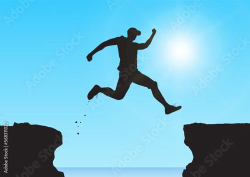 Silhouette of man jumping over the cliffs, success and winning concept vector illustration