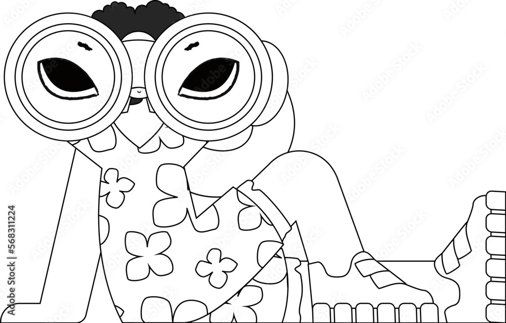 Obraz premium Capable HR woman looking through binoculars. HR topic. Linear newspaper black and white style.