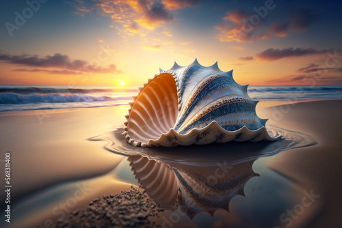 große bunte Muschel im Sand am Strand, Sonnenuntergang, generative AI