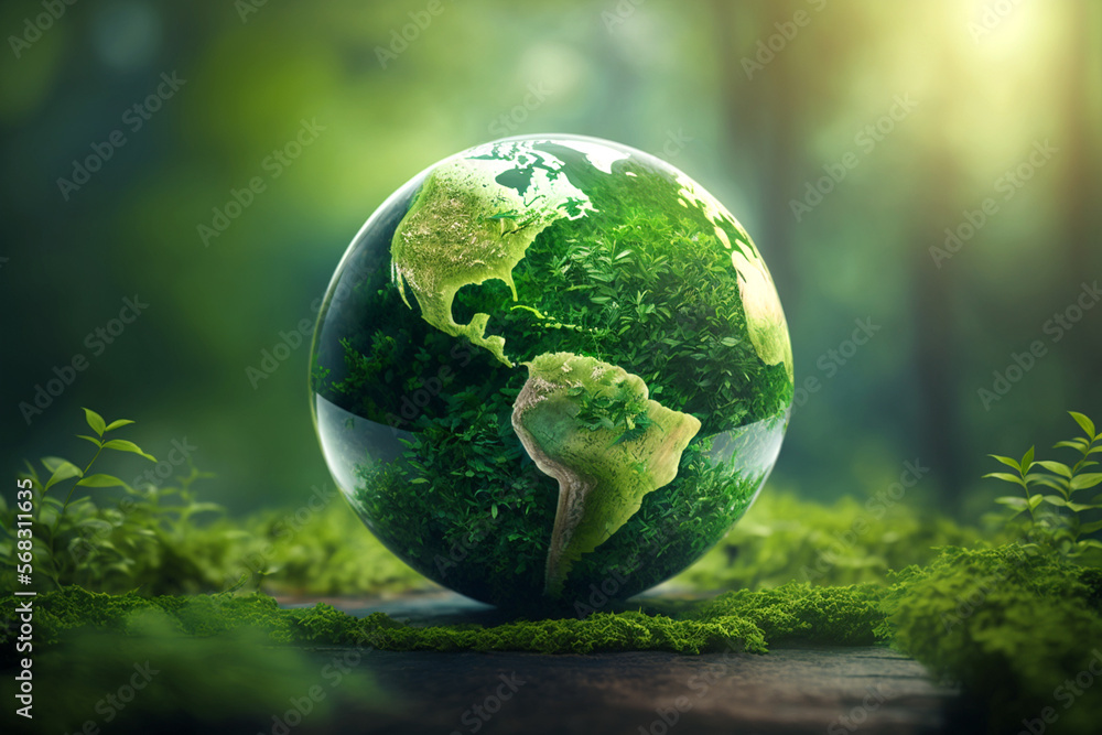 grüne Weltkugel mit Kontinenten mit natürlichen grünen Hintergrund, generative AI - obrazy, fototapety, plakaty 