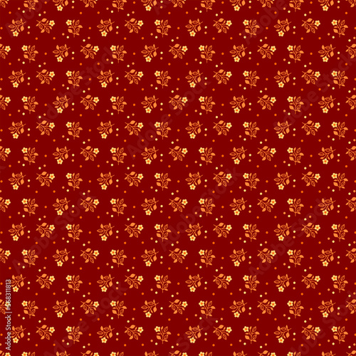 Spring botanical pattern with light flowers and orange leaves isolated on dark red background Ditsy girl fabric dress print