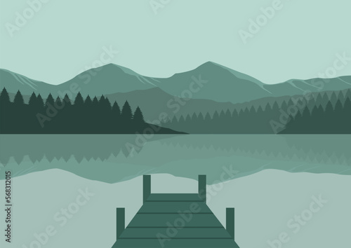 Landscape with lake, mountains and wooden pier. Vector illustration.