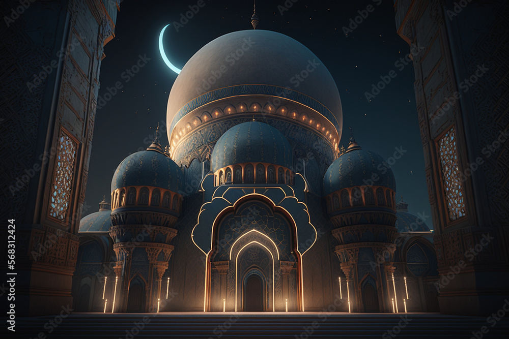 Fototapeta premium The mosque lit up with intricate patterns of lights, casting a warm glow over the surrounding area. Generative AI