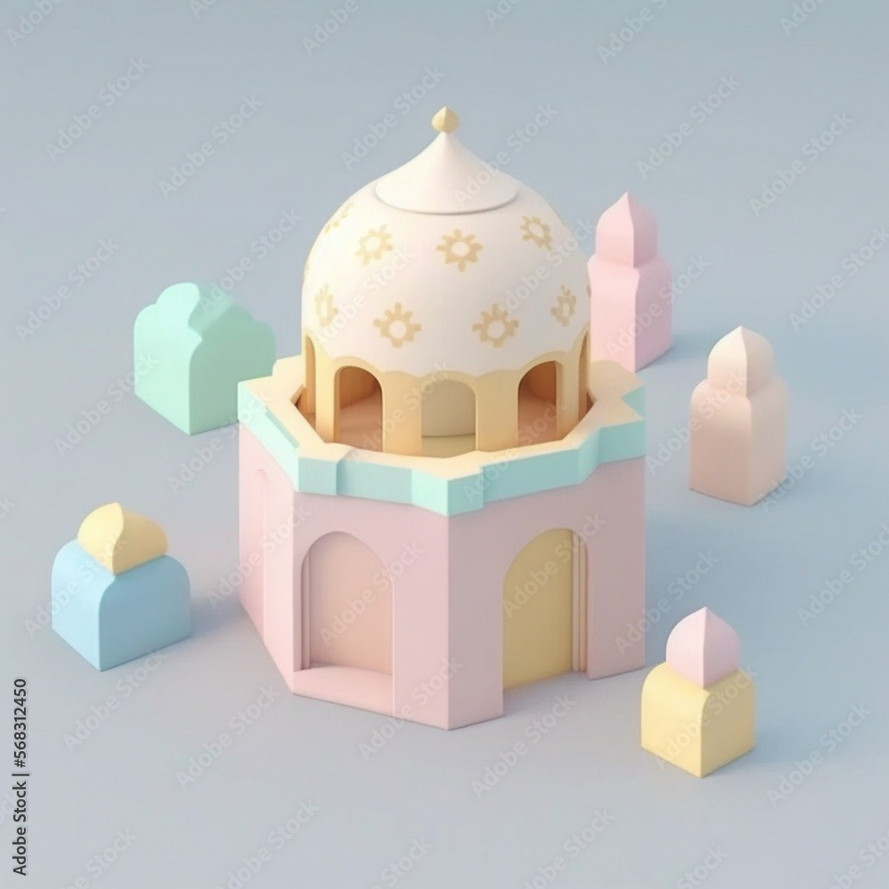 Fototapeta premium Tiny cute isometric mosque emoji, soft pastel colors, 3d icon. Generative AI