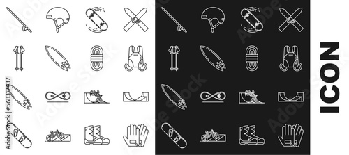 Set line Gloves, Skate park, Parachute, Skateboard trick, Surfboard, Ski poles, and Climber rope icon. Vector