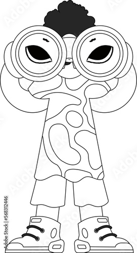 Capable HR specialist man looks through binoculars. HR topic. Newspaper black and white style.