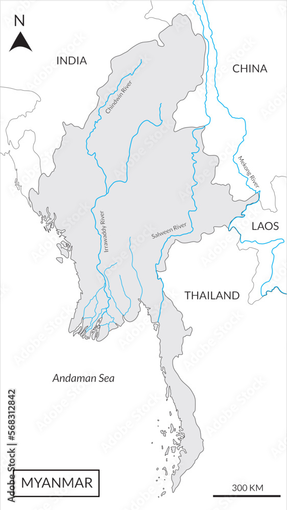 Fototapeta premium Map of Myanmar (Burma) with bored countries. Thailand, Laos, Vietnam, and China