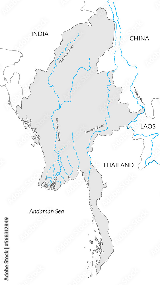 Map of Myanmar (Burma) with bored countries. Thailand, Laos, Vietnam, and China