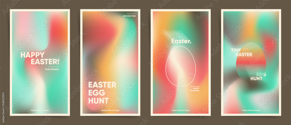 Set of Happy Easter story backgrounds. Mesh gradient Easter Egg Hunt art design. Post templates, card or poster covers, social media stories with color gradients. Wave layout spring set.