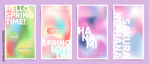 Set of spring stories templates in mesh gradient modern design. Futuristic gradient backgrounds with text for covers, posts, story templates. Holographic aesthetic colorful spring sale creatives.