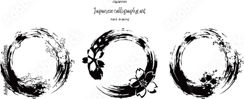 桜　花　和　筆書き　サークル　フレーム　ベクター　