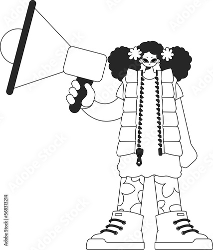 Efficient HR specialist woman holding a megaphone in her hands. HR topic. Linear black and white style.