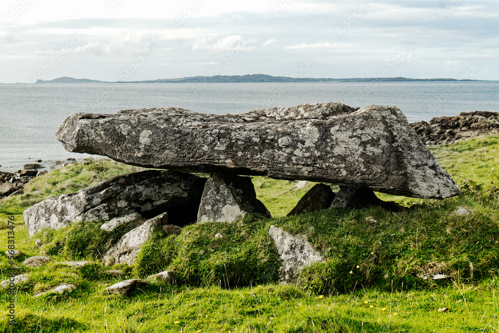 Knockbrack megalithic chambered tomb burial chamber dolmen also known as Labbadermot. Above east end of Sallerna Beach, Cleggan, Connemara, Ireland
