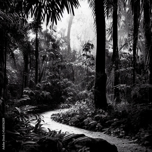 Fototapeta Naklejka Na Ścianę i Meble -  tropical forest with fog lights and gloom in the jungle generative ai illustration